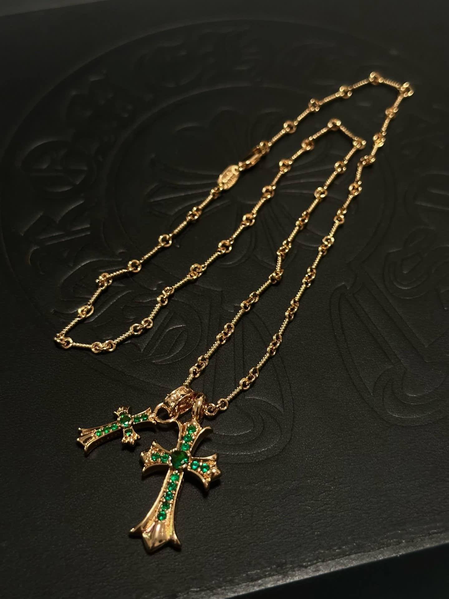 Chrome Hearts Gold Plated Rosary Necklace with Emerald Cross